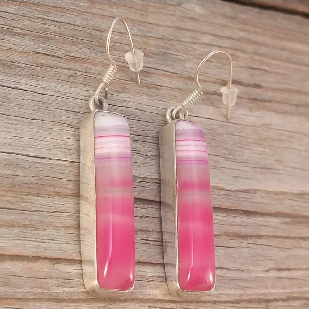 Silver Long Rectangle Pink Agate Bezel Set Dangle Earrings